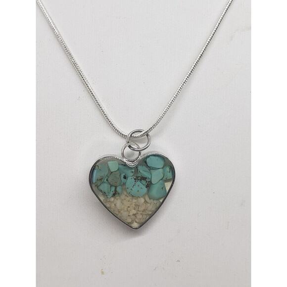 Heart Shaped Pendant Necklace Silver with Turquoise Chip & Beach Sand Inlay - Picture 14 of 14